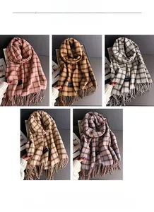 Detailed grid view of plaid cashmere-like scarves in five colors with soft fringe edges