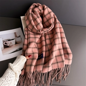 Pink and black checkered warm cashmere-like scarf with long tassels for winter fashion