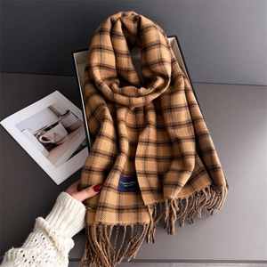 Classic brown plaid cashmere-like scarf with long tassels and elegant woven label