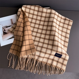 Close-up of elegant plaid scarf with soft tassels and woven brand label detail
