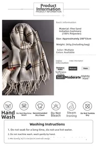 Detail view of plaid cashmere-like scarf showing texture and product specifications