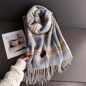 Elegant Plaid Scarf Tassel Shawl Women Warm Winter Polyester Faux Cashmere Soft Thick Korean Style Commuting Accessory