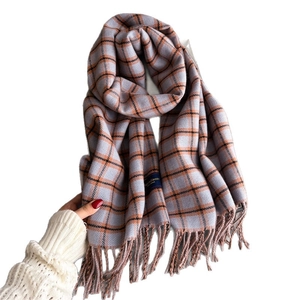 Classic British plaid scarf with tassels, soft cashmere-feel fabric in grey and orange
