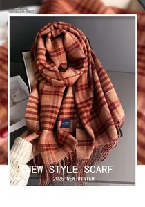 Detailed macro view of checkered cashmere-feel scarf with fringe and brand label