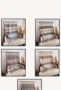 Collage of five bohemian tassel scarves with geometric jacquard in various colors