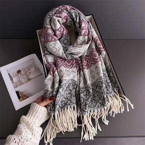 Ethnic style winter cashmere shawl scarf with geometric patterns and fringe tassels
