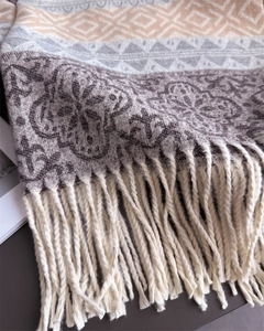 Detailed view of bohemian shawl with ethnic geometric patterns and long fringe trim