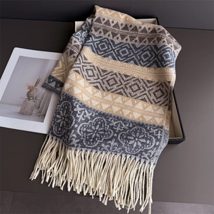 Close-up of geometric knit ethnic scarf featuring thick cashmere-like texture and tassels