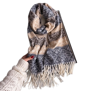 Ethnic style warm pashmina scarf with colorful geometric patterns and tassels