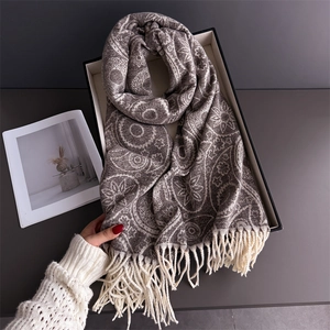 Classic paisley pattern scarf with fringe trim, warm pashmina-style winter wrap for women