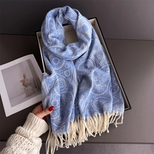 Blue and white paisley cashmere scarf with tassels in a premium gift box presentation
