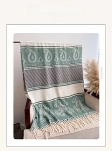 Detailed texture of paisley pattern on warm faux cashmere scarf with elegant fringe trim