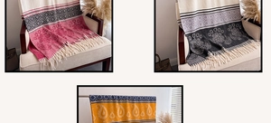 Detailed view of the paisley pattern and soft fringe on the cashmere-like floral shawl