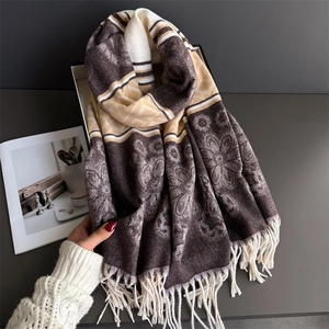 Floral cashmere feel scarf with fringe in earth tones, stylish winter wrap for women