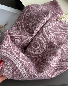 Close-up of pink paisley cashmere shawl showing soft knit texture and fringe details
