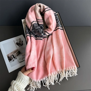 Pink floral cashmere feel shawl with grey geometric patterns and white tassels