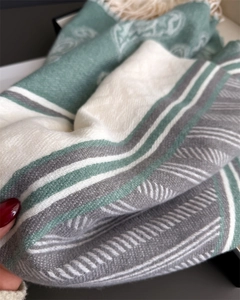 Detail of soft pashmina shawl showing intricate paisley patterns and fringe edges