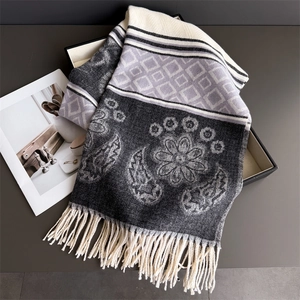 Detail of multi-color floral knit scarf with tassel fringe and paisley patterns