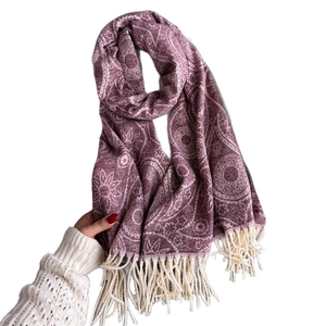 Deep purple cashmere-style scarf with paisley pattern and tassels on white background