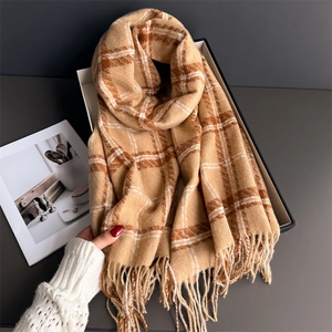 Écharpe à Carreaux à Glands pour Femmes Douce Imitation Cachemire Grand Châle Enveloppant Épais Chaud Écharpe Automne Hiver