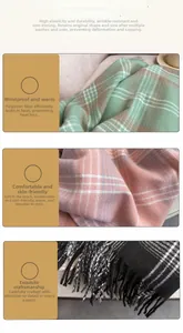Close-up of checkered polyester scarf with fringe showing soft knit texture and patterns