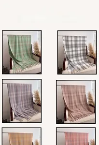 Detailed grid showing multi-color checkered scarves with fringe tassels in various hues
