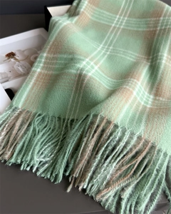 Close-up of mint green checkered scarf with soft cashmere texture and long fringe tassels
