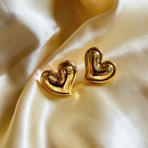 Boucles D'oreilles Puces Cœur Gonflé Épais Cuivre Plaqué Or 18K Poli Miroir Bijoux De Mode Minimaliste Pour Femmes