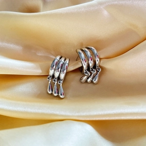 Modern silver multi-layered geometric drop earrings with polished waterdrop charms