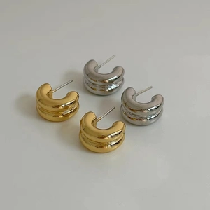 Double Layer Ribbed C Shape Chunky Hoop Earrings Copper With Silver Earring Post Minimalist Geometric Fashion Jewelry Women