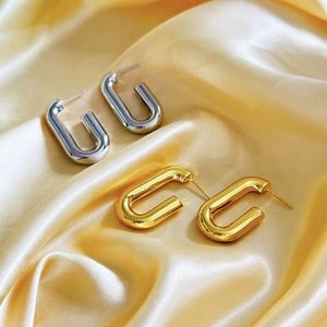 Geometric U-Shape Hoop Earrings Copper 18K Gold Plated Minimalist Mirror Polish Modern Fashion Jewelry For Women
