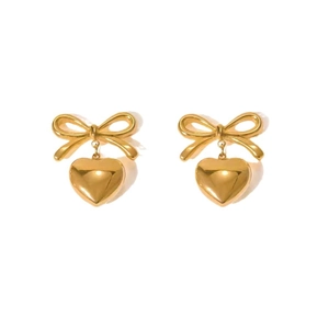 Polished gold bow earrings with 3D heart charms, mirror finish minimalist jewelry style