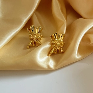 Elegant 18K gold-plated irregular pleated bow stud earrings on a luxury satin background
