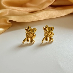 18K gold-plated irregular geometric bow earrings with woven texture on silk fabric