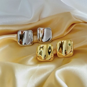 24K gold plated geometric square earrings with wavy liquid metal surface in gold and silver
