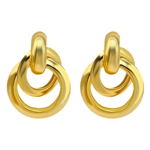 Polished 18K gold plated copper geometric triple hoop earrings on white background