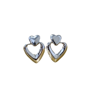 Minimalist double layer heart earrings in gold and silver finish 18K gold plated copper