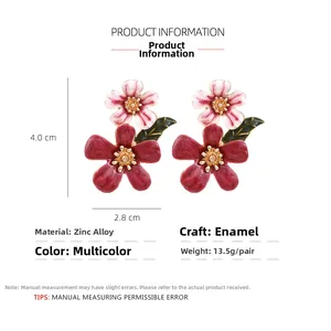 Zinc alloy five-petal flower earrings with red enamel finish and size dimensions