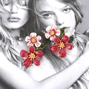 Elegant floral drop earrings with red and pink enamel flowers and green leaves