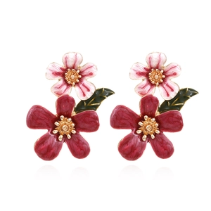 Alloy Flower Earrings Five Petals Enamel Drop Oil Double Floral Vintage Dangle Jewelry For Women