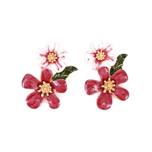 Elegant floral drop earrings with pink and red enamel petals and gold-plated edges