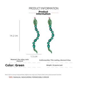 Detailed size chart of long green rhinestone snake earrings with height and width dimensions