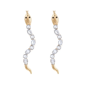 Elegant gold snake earrings with sparkling white crystals in a long S-curve drop style