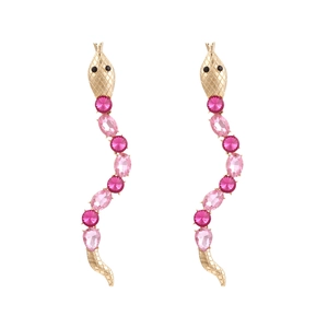 Elegant gold snake drop earrings with pink and red crystal stones in an S-shaped design