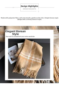 Detail of the soft plaid scarf showing camel and orange weave with long fringe tassels