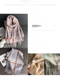 Detail view of plaid cashmere-like scarf showing soft texture and long fringe tassels
