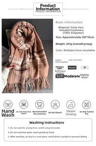 Detail view of brown plaid scarf material with tassel fringes and size specifications