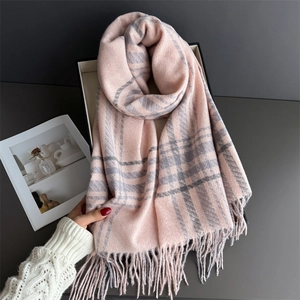 Pink and grey plaid cashmere-like scarf with tassels for winter fashion accessories