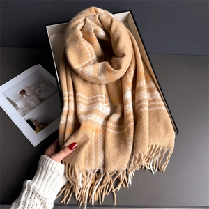 Plaid cashmere-like scarf with soft tassels in beige and camel for autumn and winter