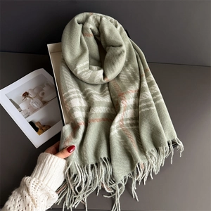 Sage green plaid cashmere-feel knit scarf with elegant fringe trim in a gift box